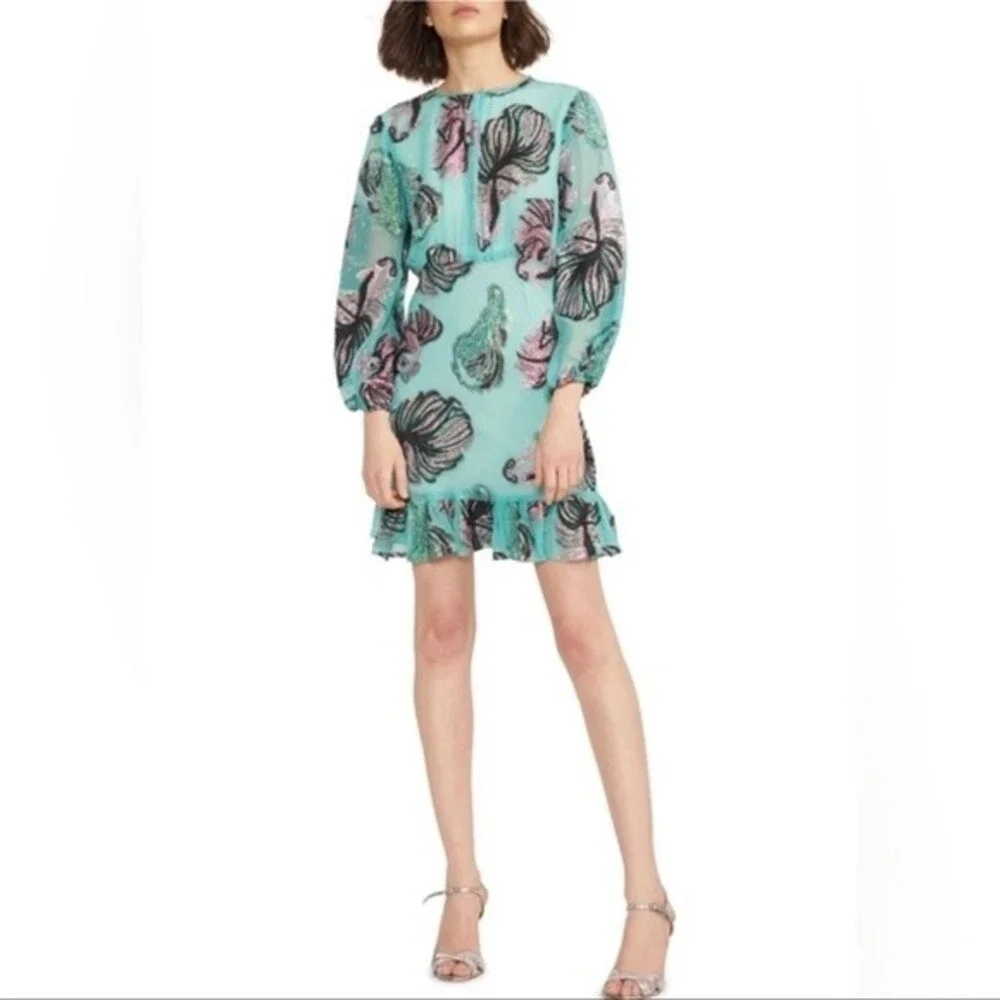 Cynthia Rowley Inverness Metallic Fish Blouson-sleeve Dress In Green Sz4 - Picture 4 of 13